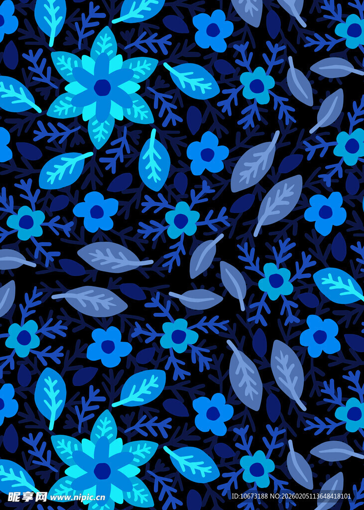 蓝色花卉图案布料纹理