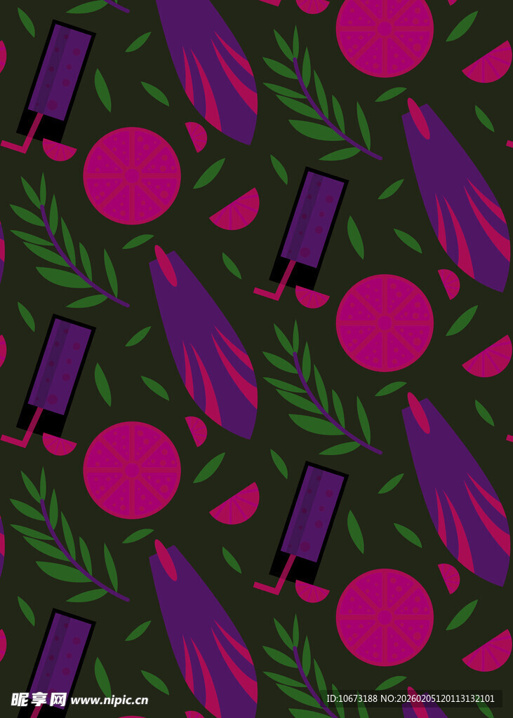 紫色花卉绿叶无缝图案