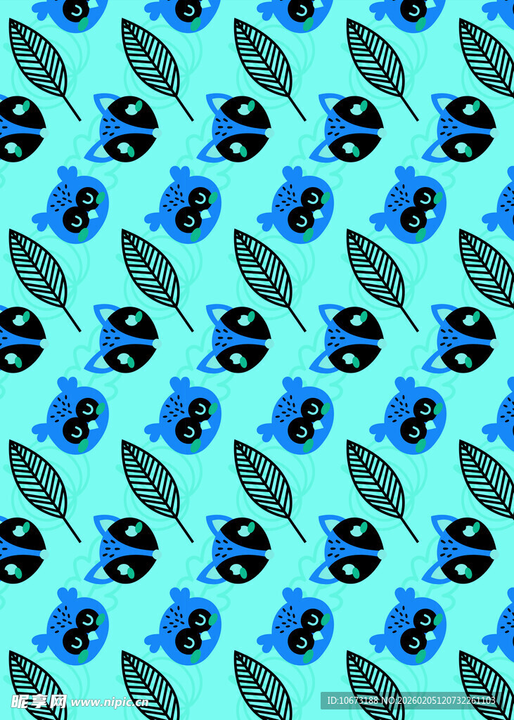 蓝底花卉叶图案无缝背景