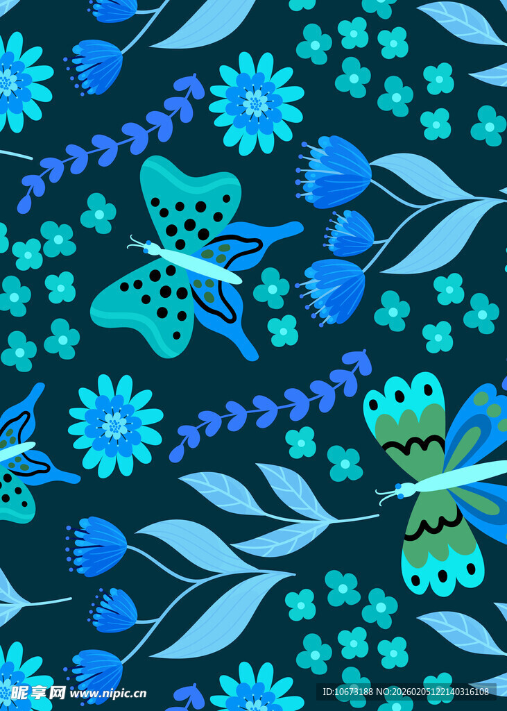 蓝底花卉蝴蝶图案设计