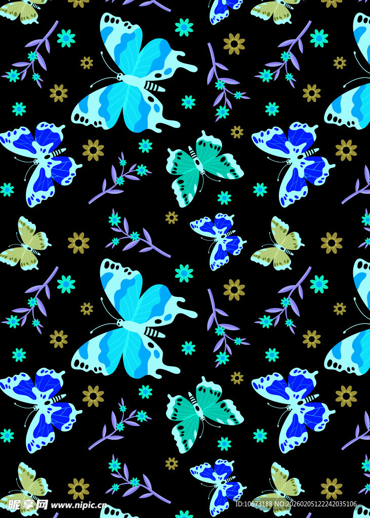 多彩蝴蝶黑色背景图案