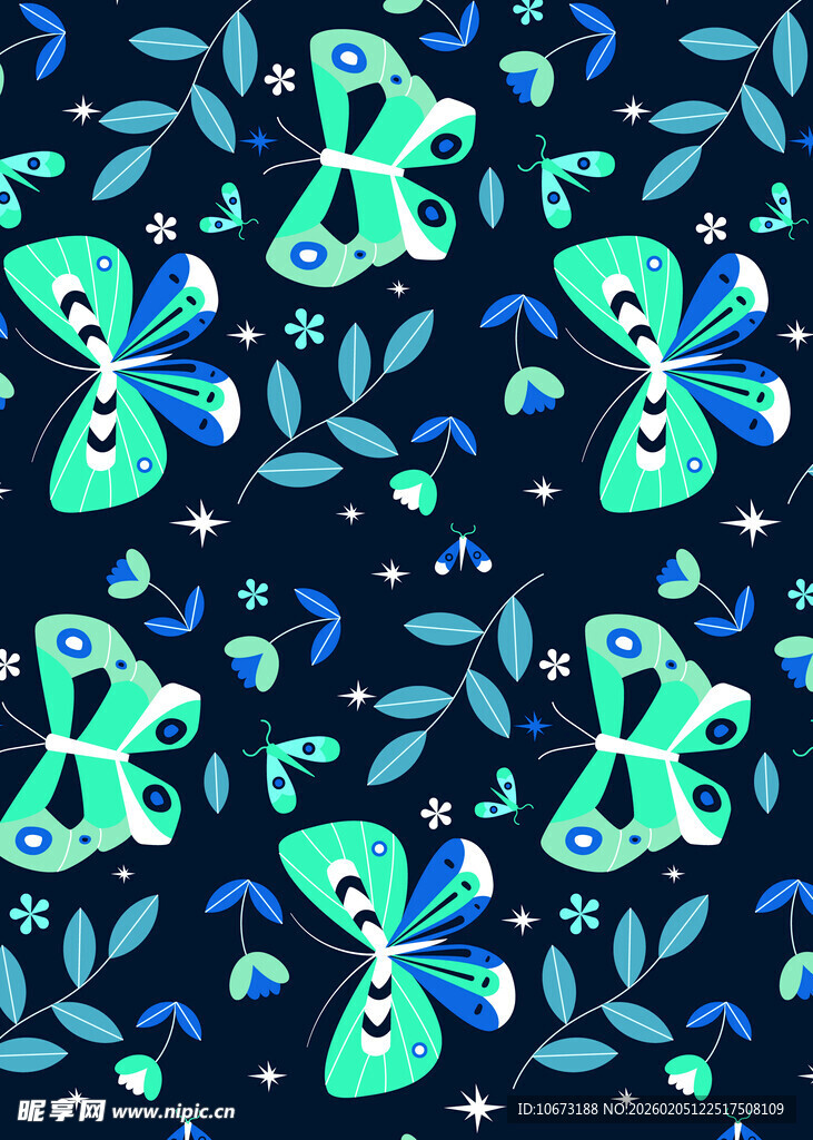 蓝底蝴蝶花卉图案设计