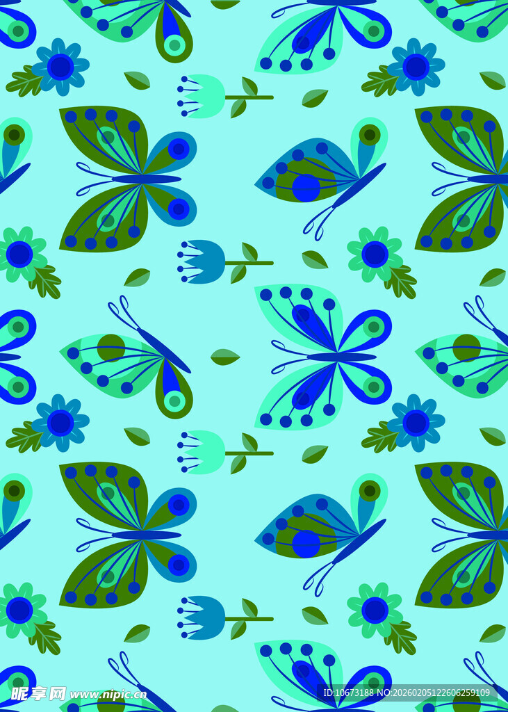 清新蓝底花卉蝴蝶图案