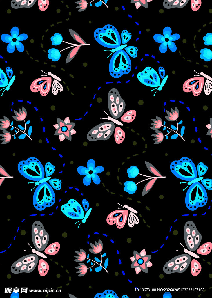 黑色底花卉蝴蝶图案