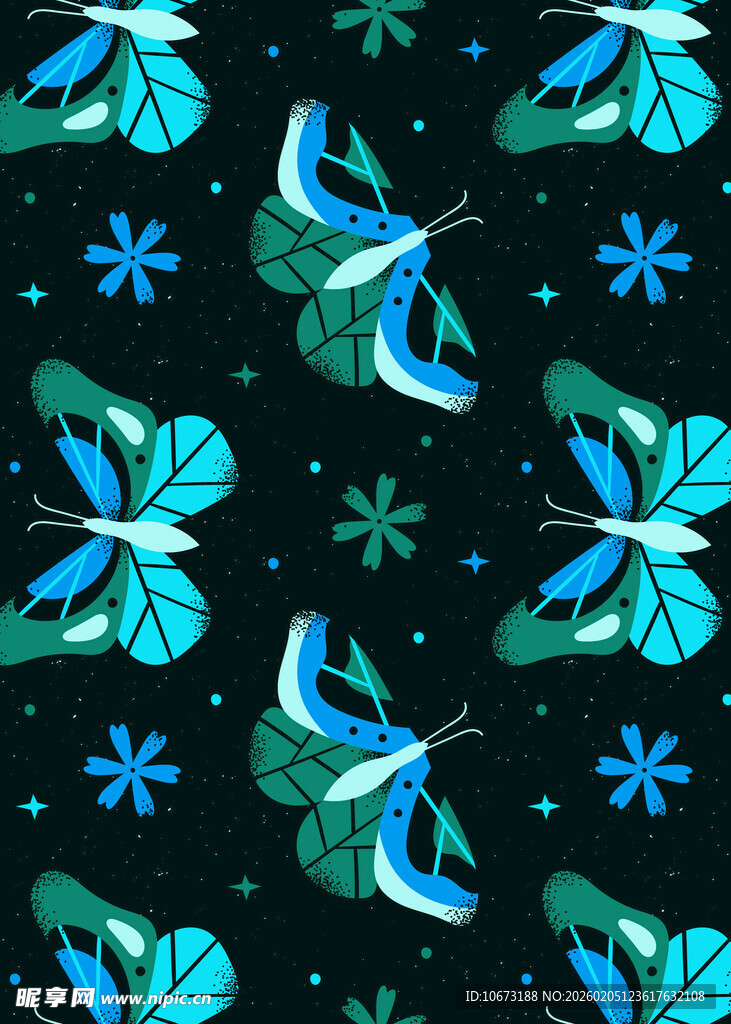 蓝绿蝴蝶花卉无缝图案