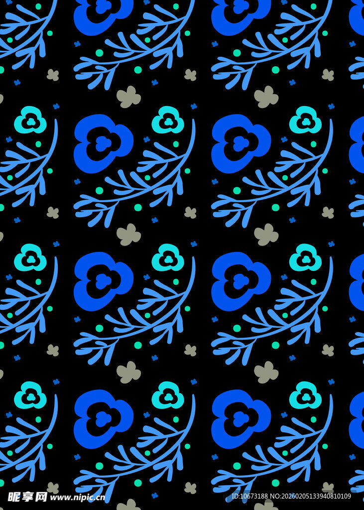 蓝绿花卉图案黑色背景