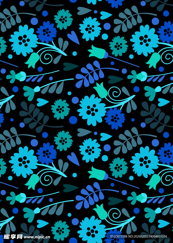 蓝绿花卉黑色背景图案