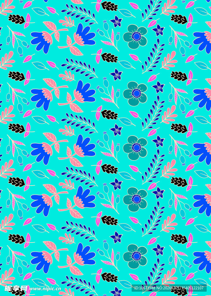 蓝底花卉图案无缝背景图