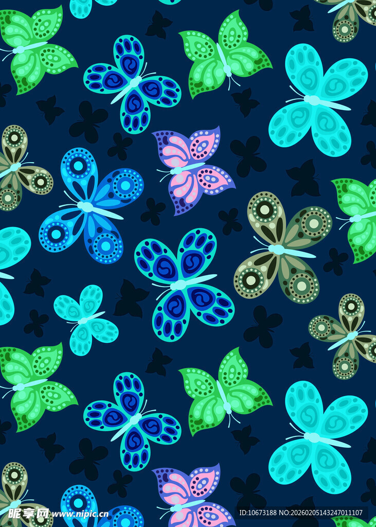 多彩蝴蝶图案的蓝色背景