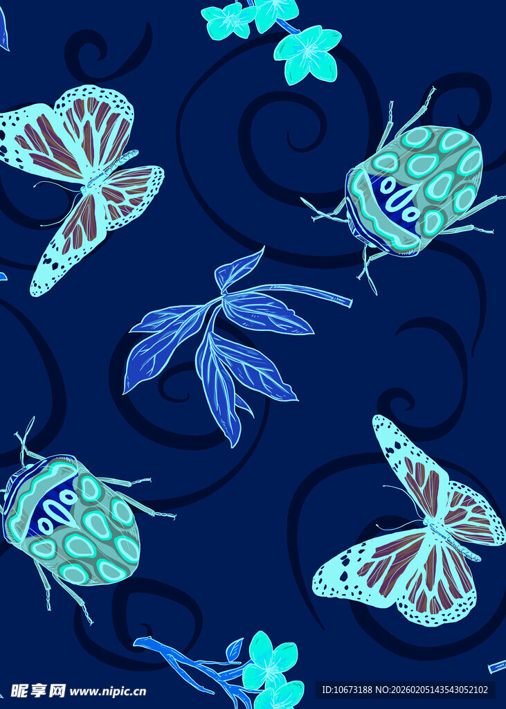 蓝底昆虫植物图案设计