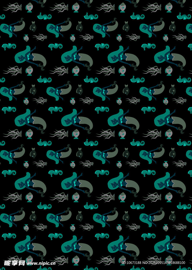 黑色背景上的蓝绿色鲸鱼图案