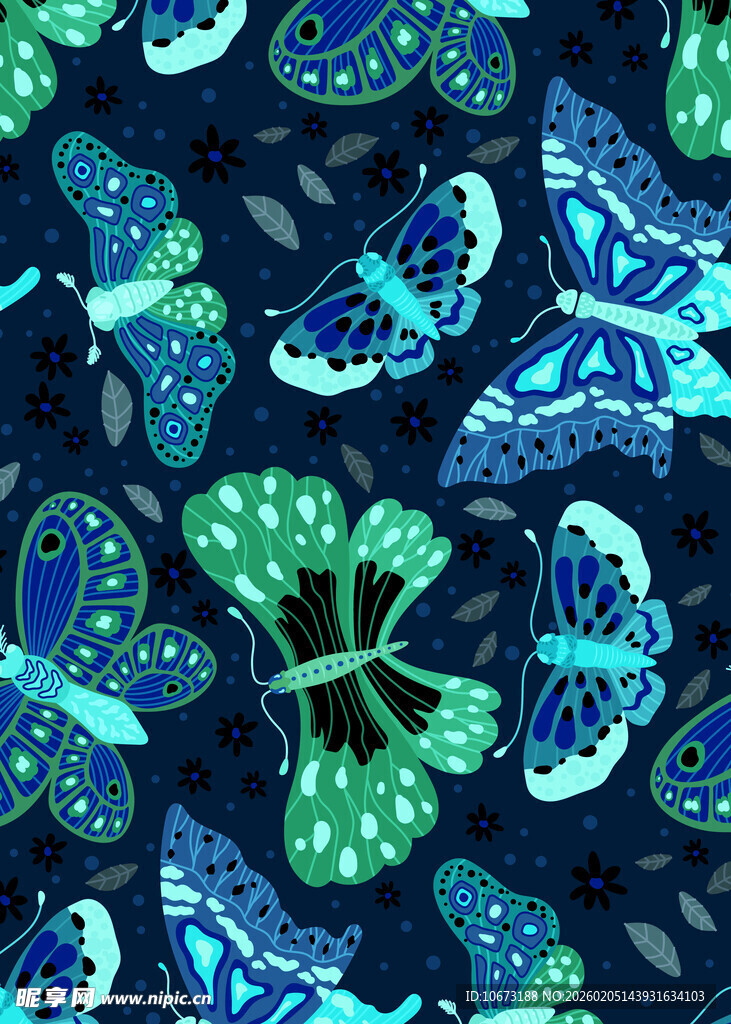 梦幻蓝绿蝴蝶无缝图案