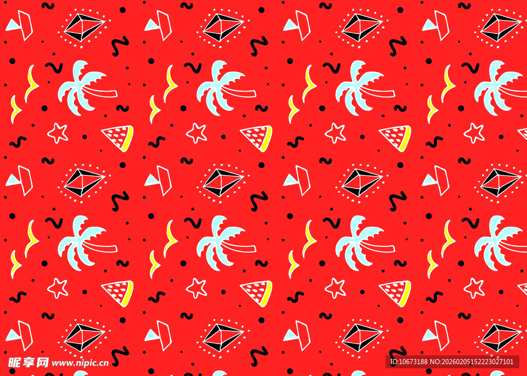 红色热带风情图案印花