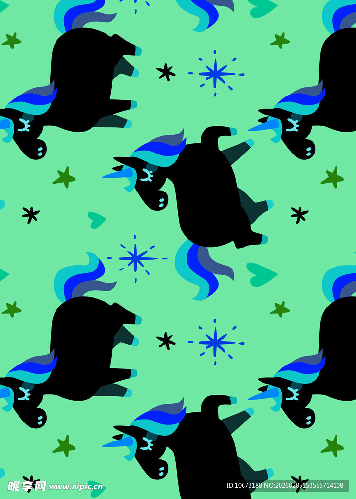 蓝绿背景上的黑色动物图案