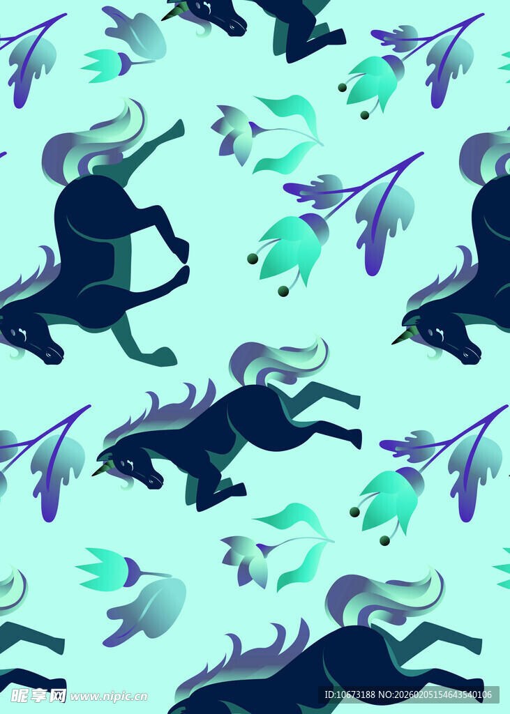 梦幻蓝底奔马植物图案