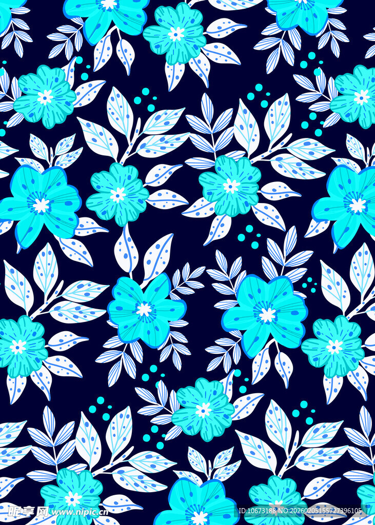 蓝色花卉图案布料纹理