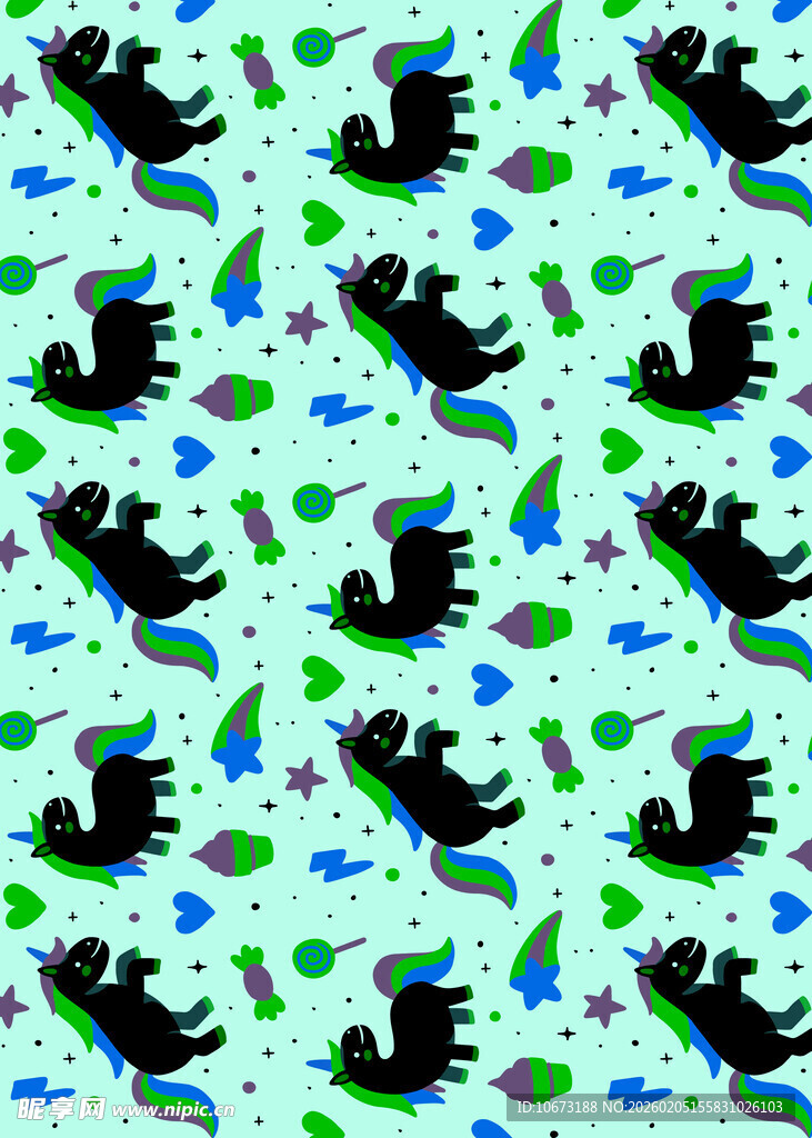 卡通黑猫绿植图案背景