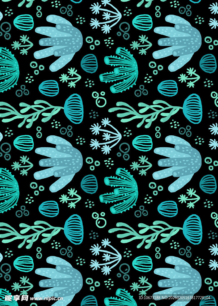 蓝绿色系抽象植物图案