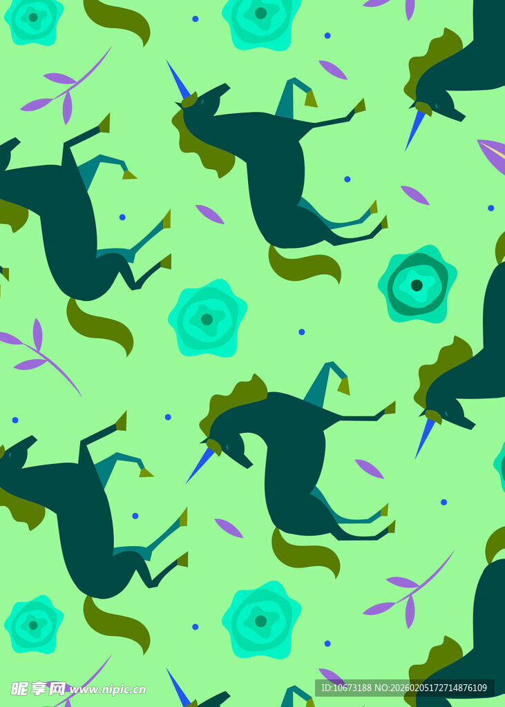 绿色背景动物花卉图案
