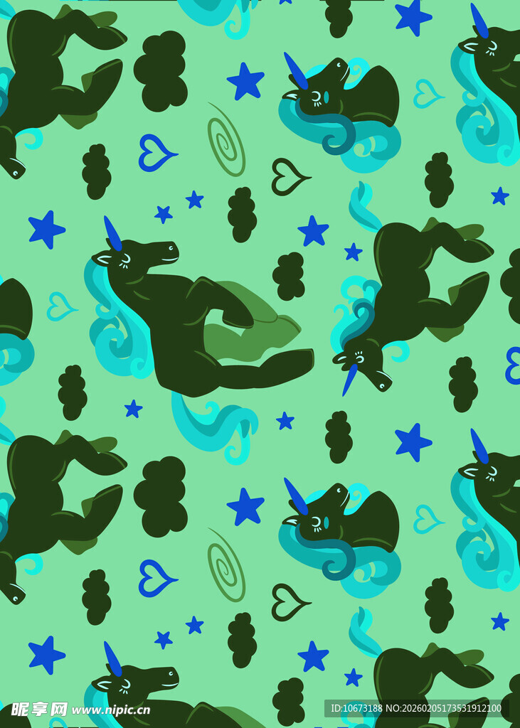 绿色卡通动物星星图案