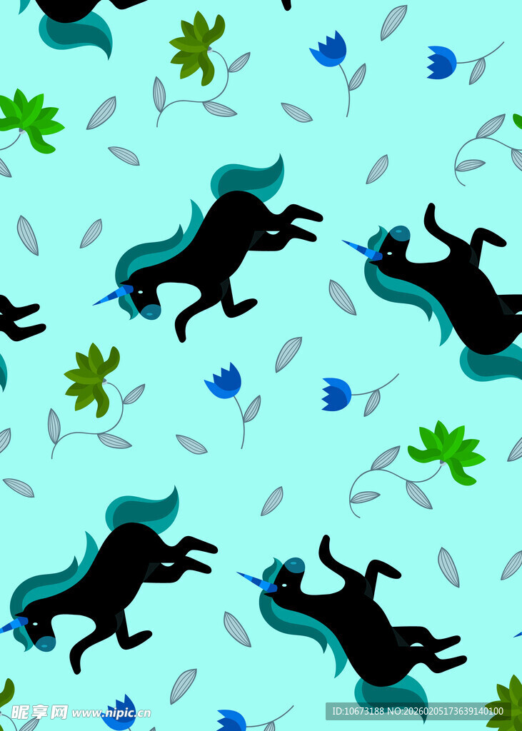 蓝色背景上的奔跑动物图案