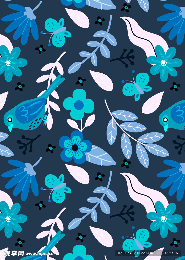 蓝色花卉图案布料纹理