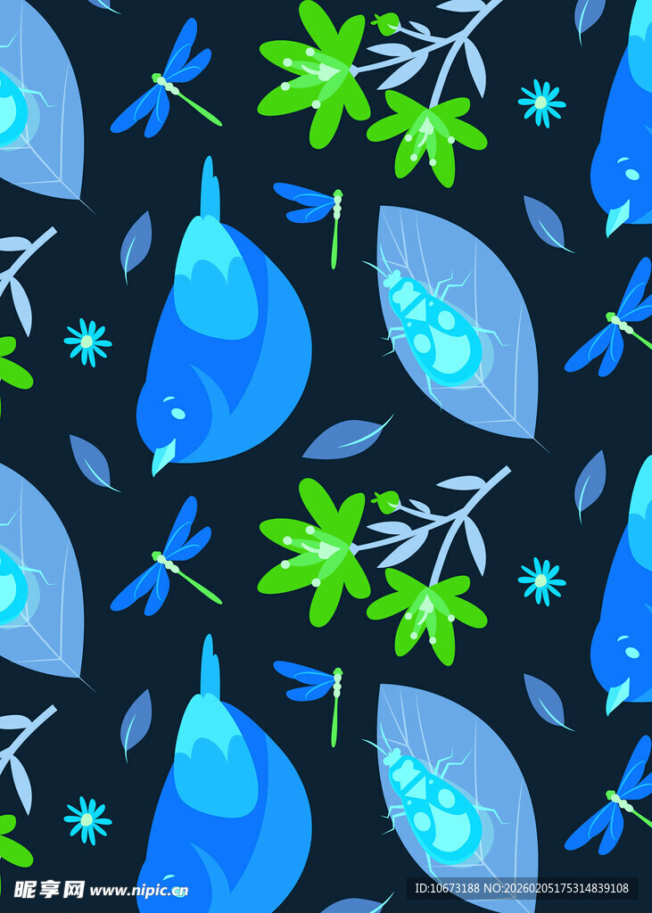 蓝色梦幻风植物昆虫图案
