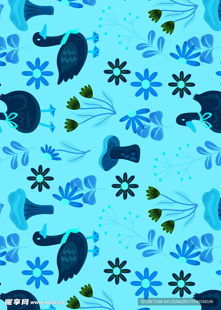 蓝色海洋风动物花卉图案