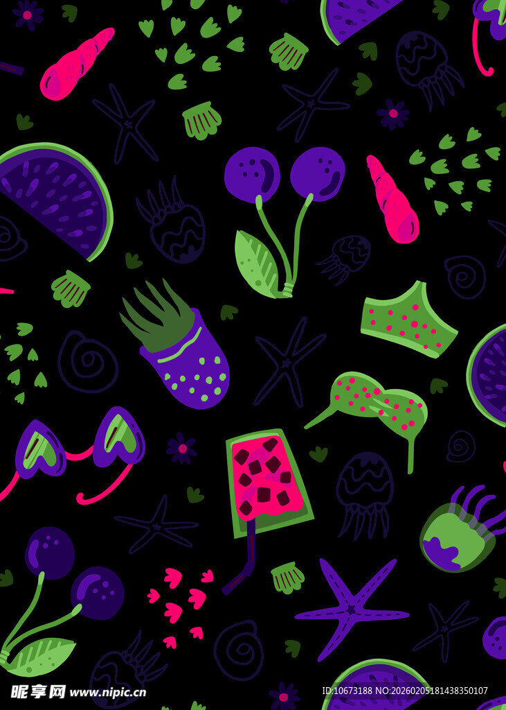 荧光风奇幻植物图案元素