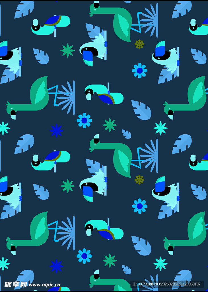 蓝绿花鸟图案无缝背景