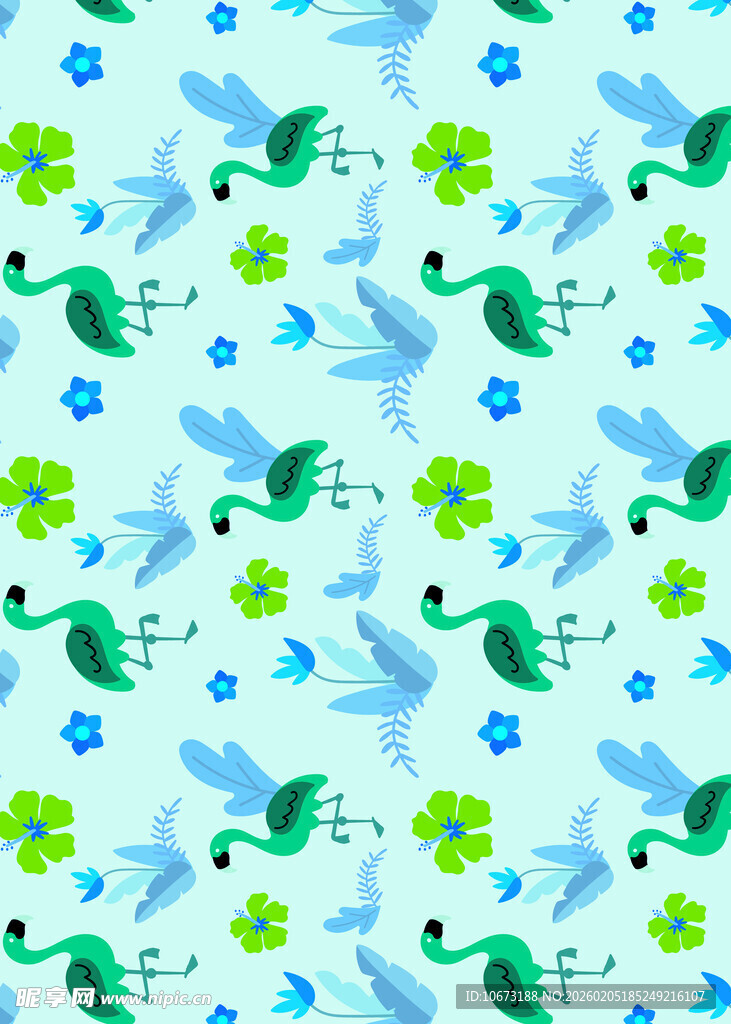 清新蓝绿飞鸟花卉图案
