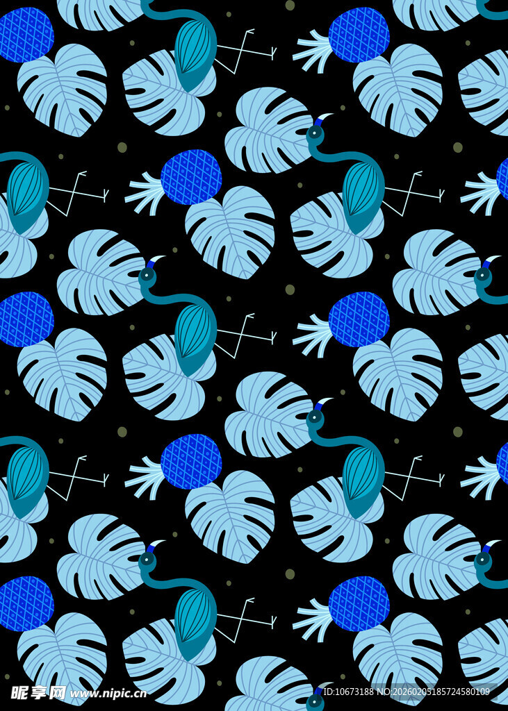 蓝绿龟背叶黑色背景图案