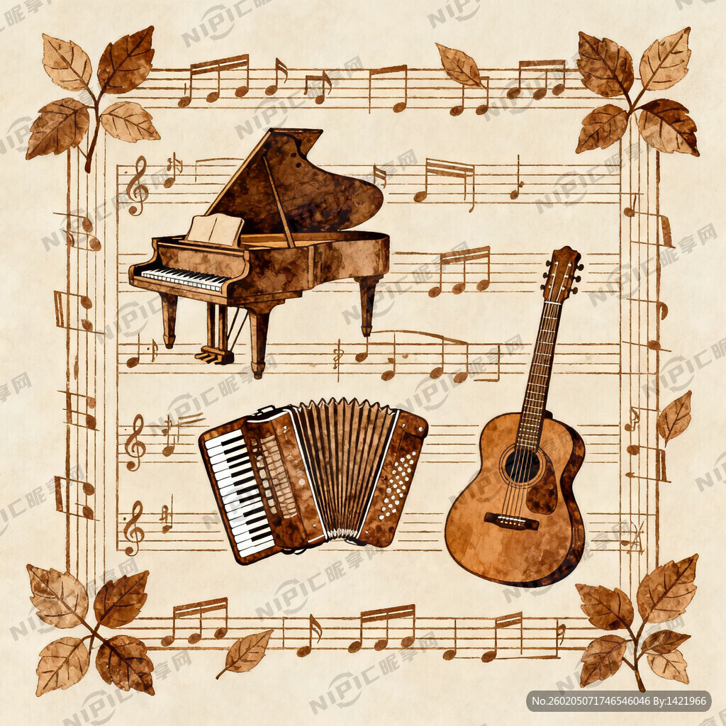 棕色五线谱组成方框 钢琴 吉他