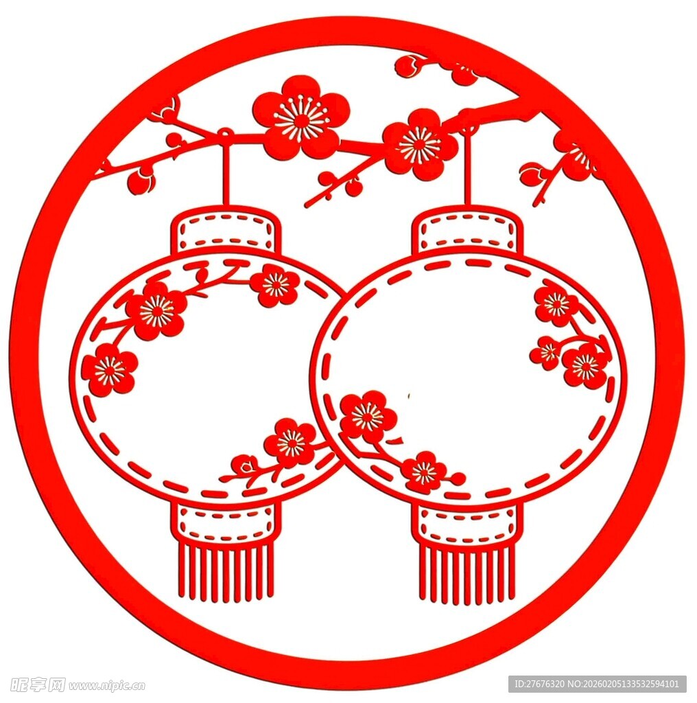 新中式国潮梅花红灯笼纹饰矢量设
