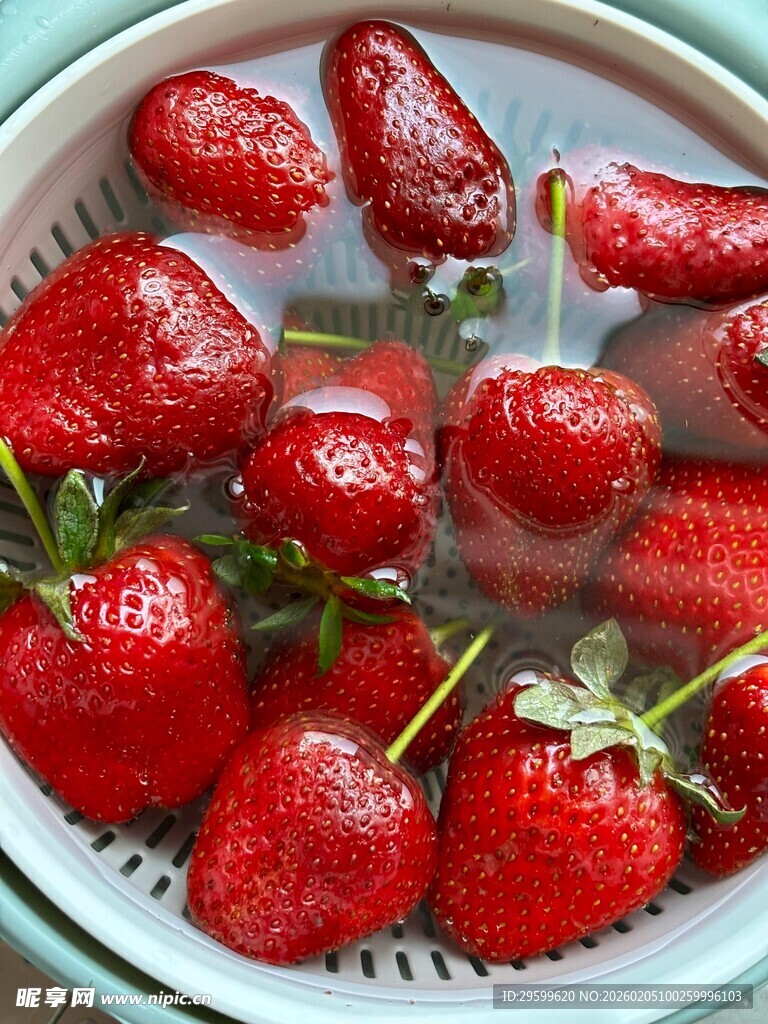 新鲜草莓置于白色滤器中