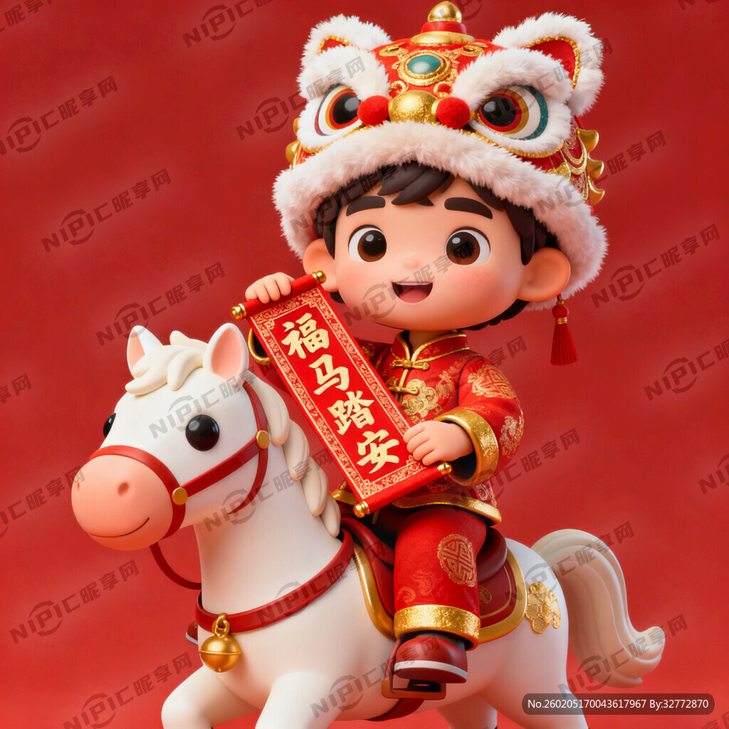 小孩穿着中国风喜庆新年衣服戴着