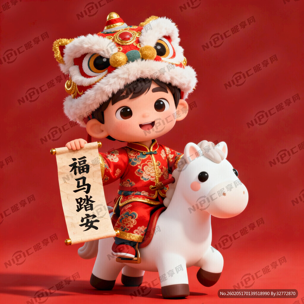 小孩穿着中国风喜庆新年衣服戴着