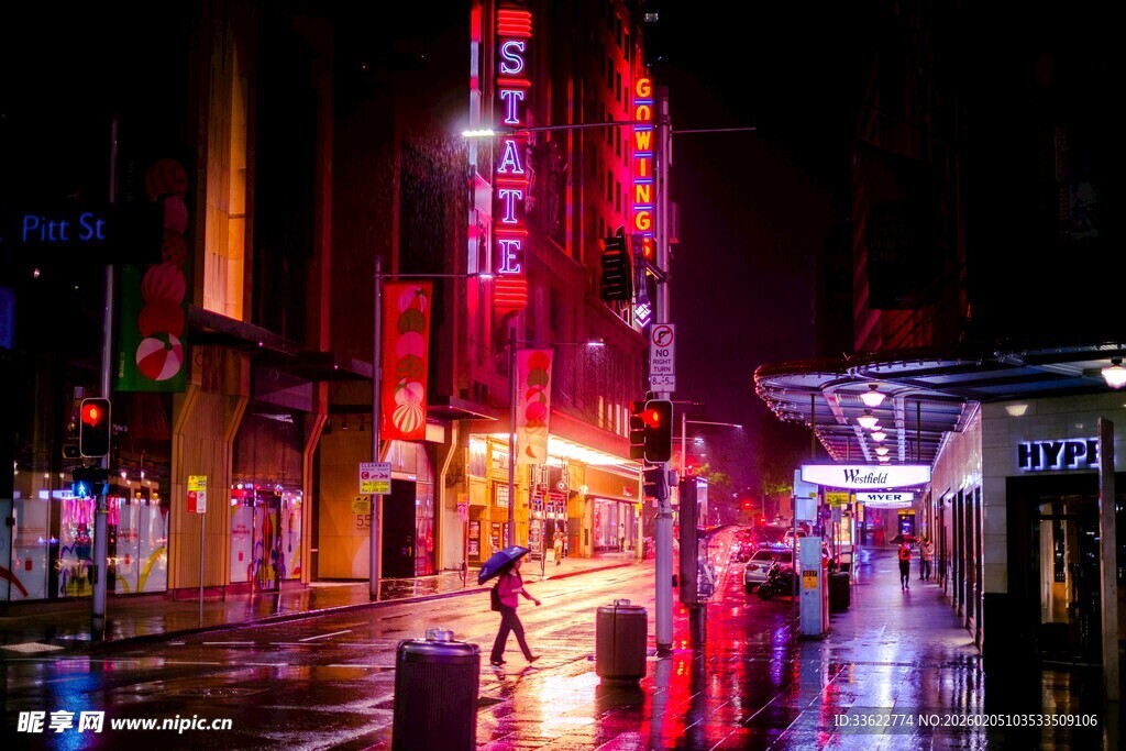 城市雨夜霓虹下的街道