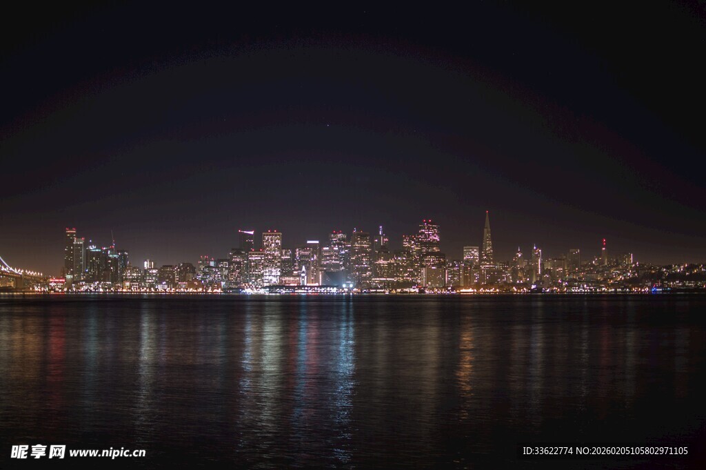 城市夜景倒映于平静水面