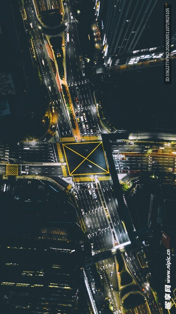 城市夜景交叉路口俯瞰