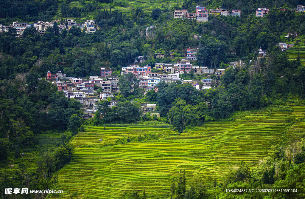 山间绿野中的村落风光