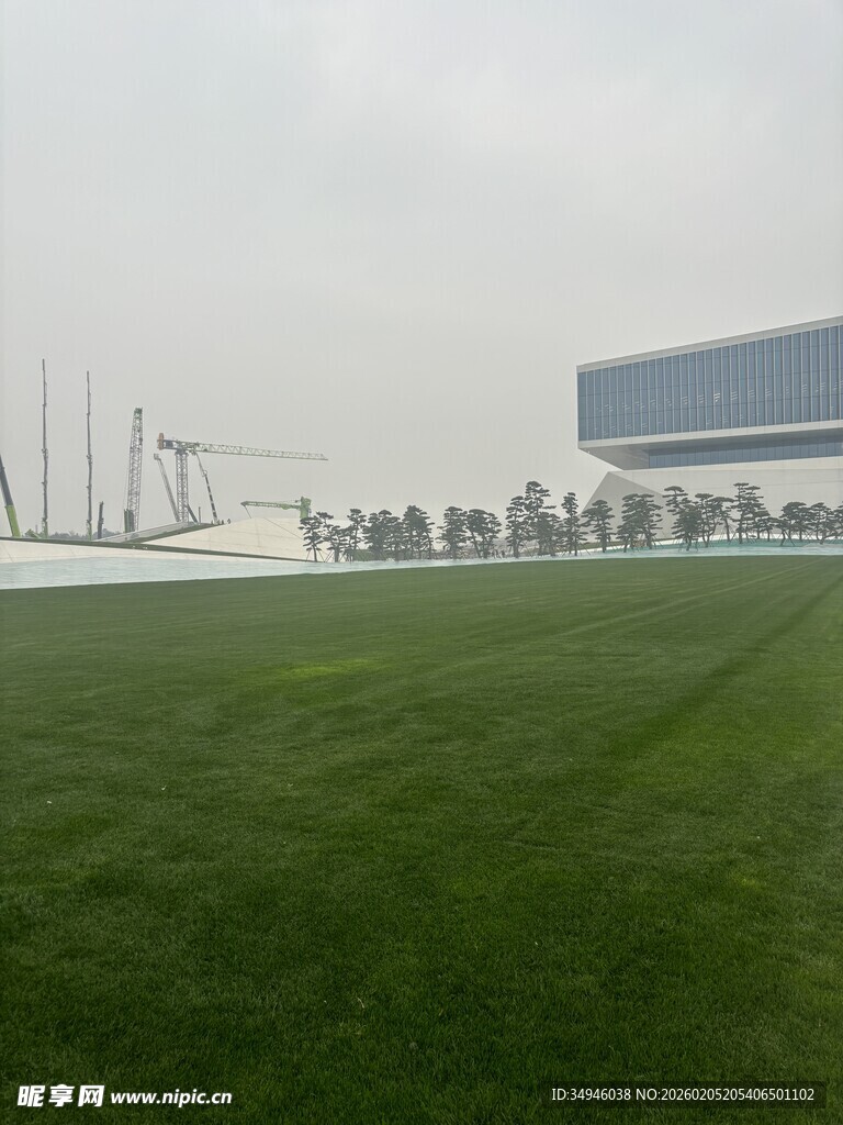 开阔草坪旁的现代建筑景观