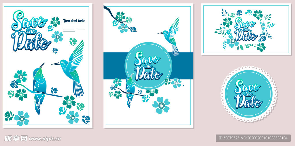 蓝白花鸟主题卡片设计