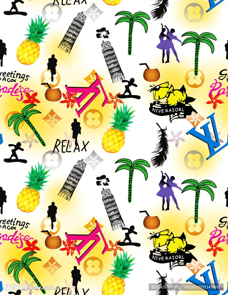 大牌字母热带风情夏日元素图案