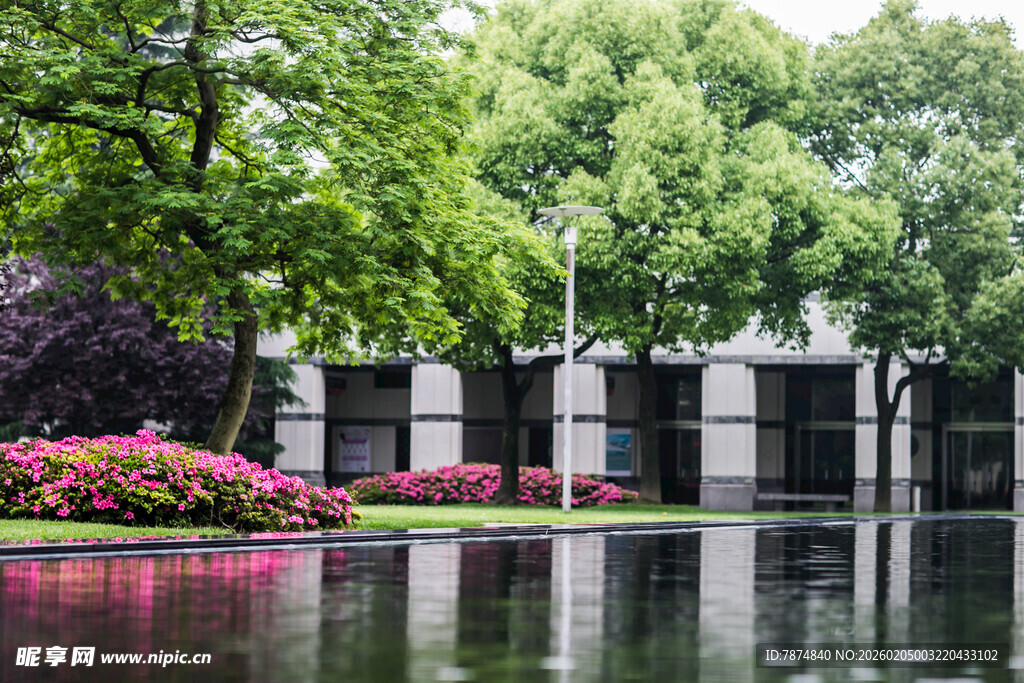 校园湖畔繁花绿树环绕的建筑