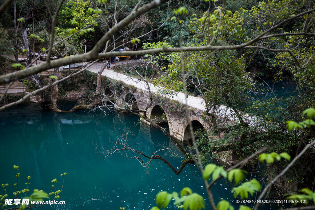 荔波森林中横跨碧湖的石桥