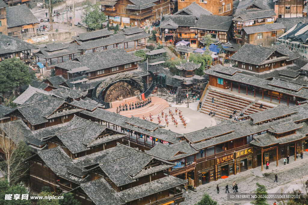 千户苗寨古村落屋顶俯瞰景观