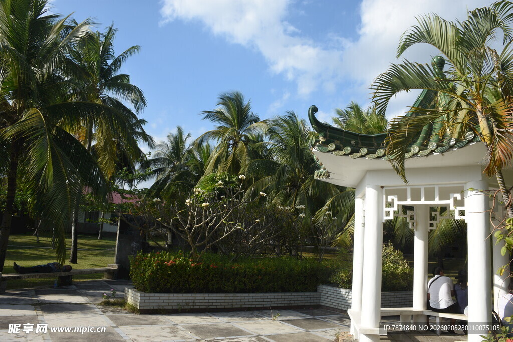 三亚热带园林中的中式凉亭