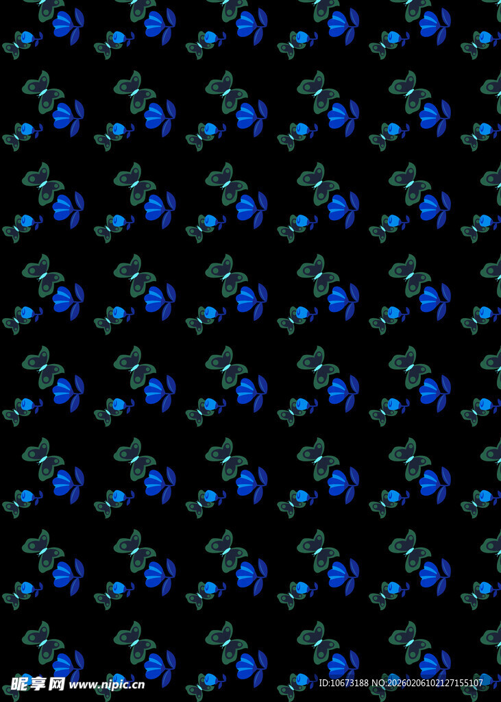 蓝色花卉黑色背景图案