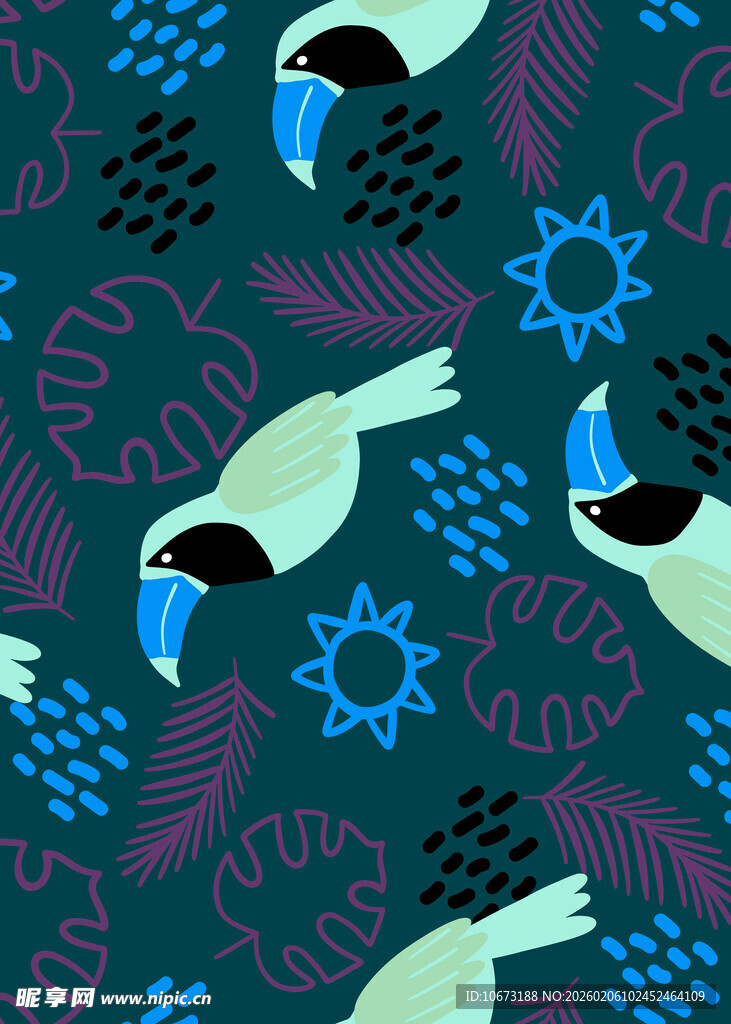 蓝底飞鸟植物图案设计
